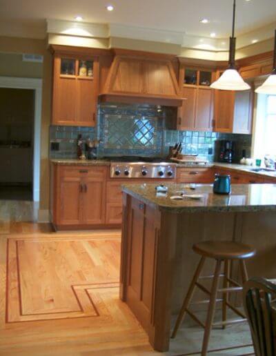 3/4" x 3 1/4" white oak hardwood flooring with custom cherry feature strip